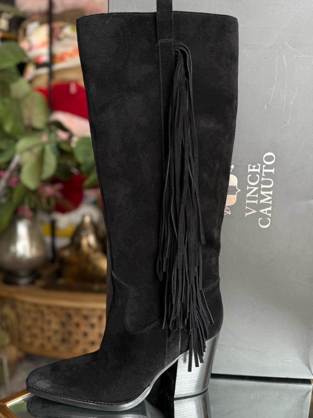 Vince Camuto Black Suede Fringe Knee Boots western leather boot size 12